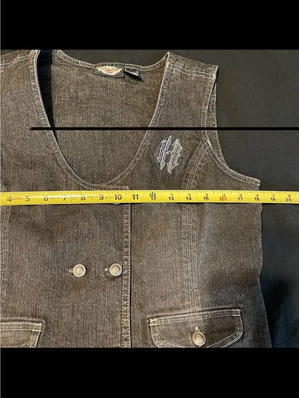 Harley Davidson L Black Denim Double Breasted Button Vest Black Stones/Gems - Picture 6 of 7